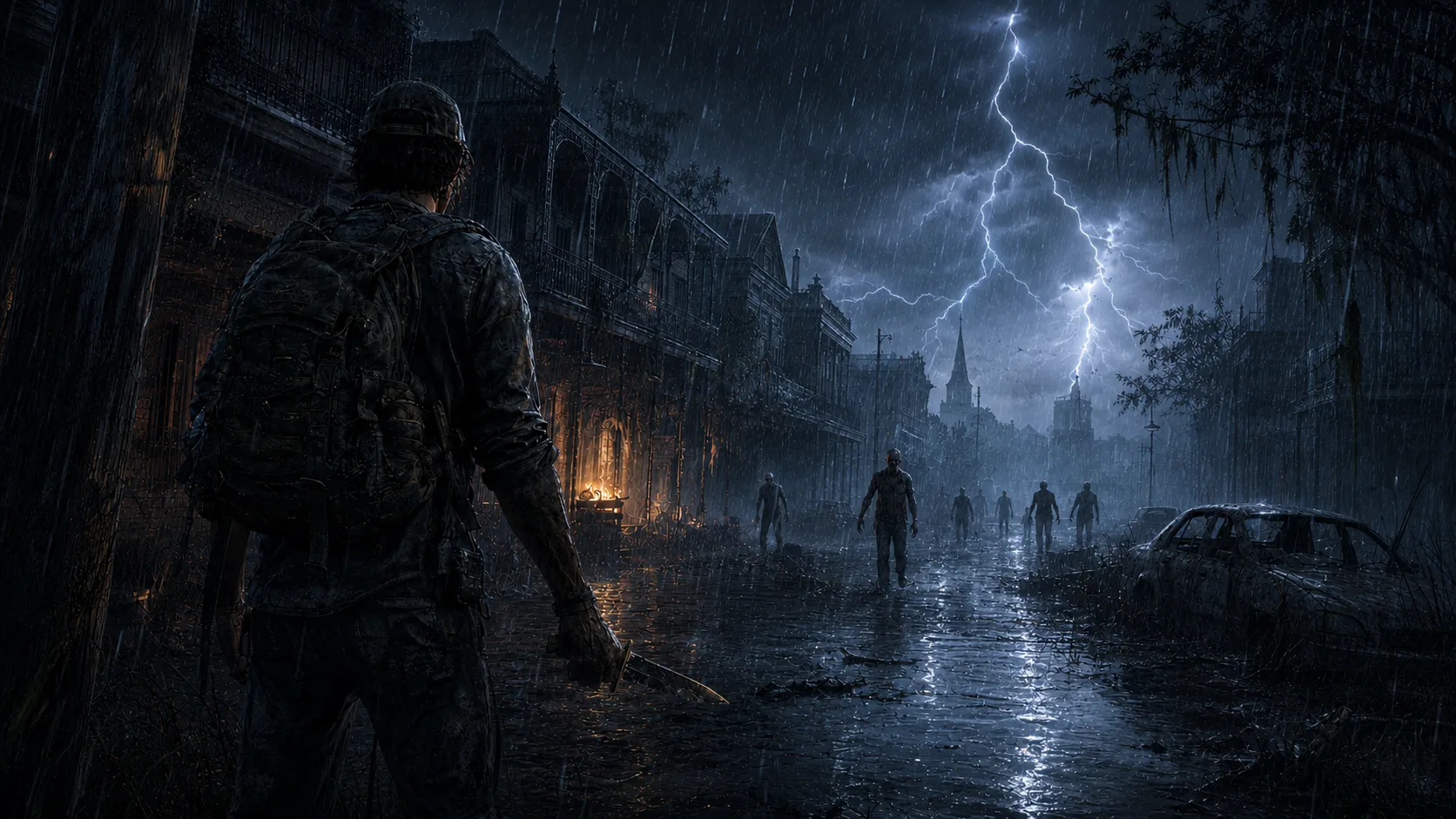 Vista en primera persona de una calle de Nueva Orleans bajo la tormenta