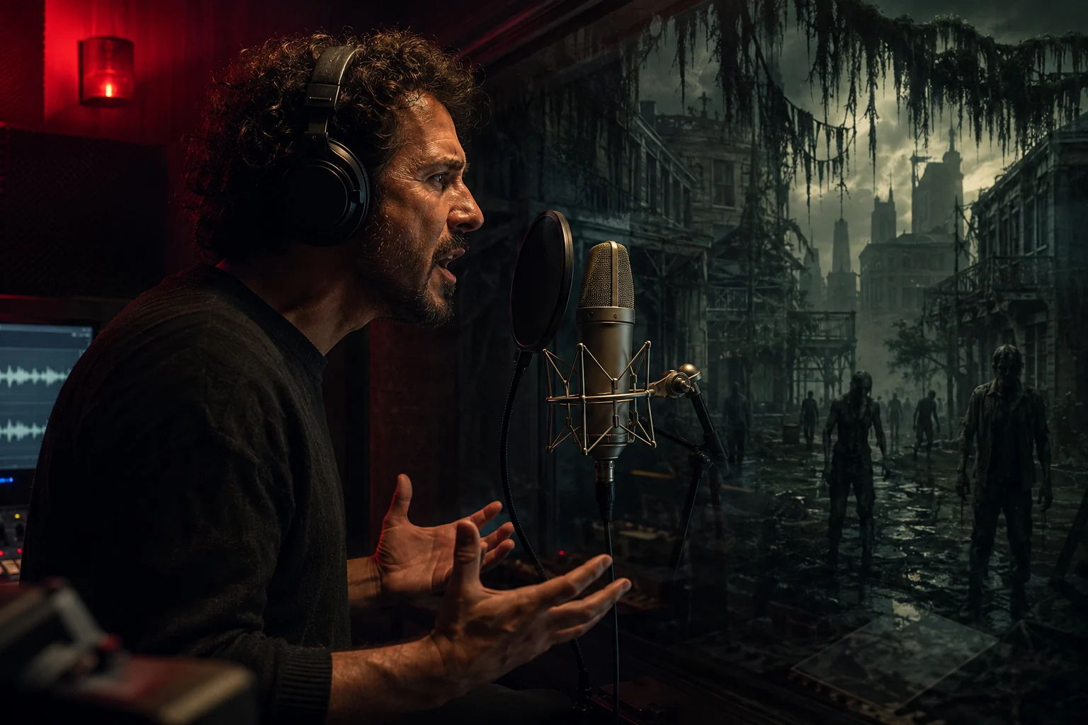 Actor interpretando una escena ante un micrófono de estudio